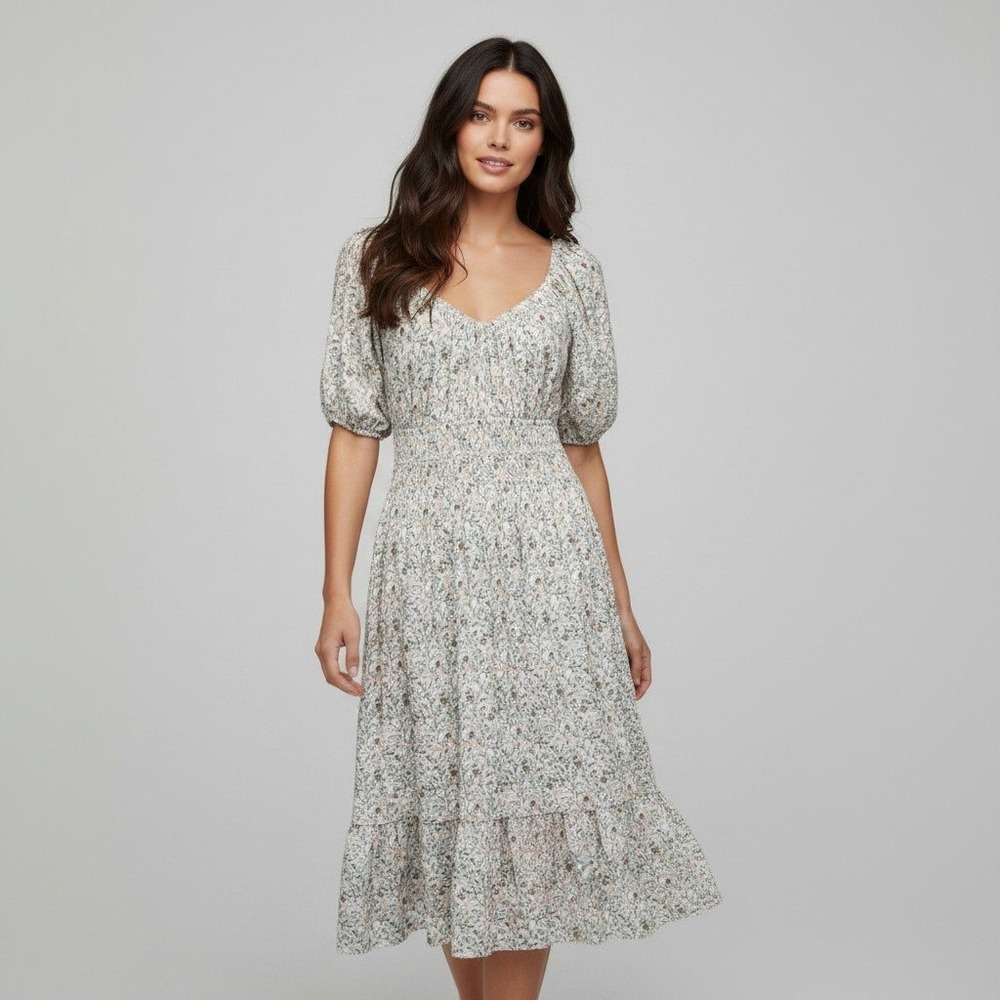 Nation LTD Women Floral Pima Cotton Smocked Puff Sleeve Midi Dress White Small